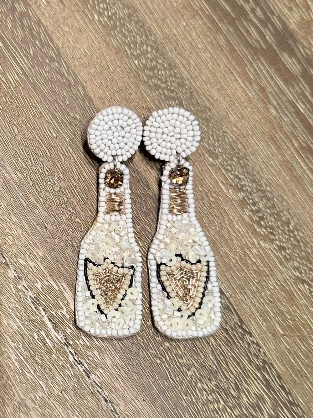 White & Gold Beaded Drop Earrings – Champagne Bottle Motif